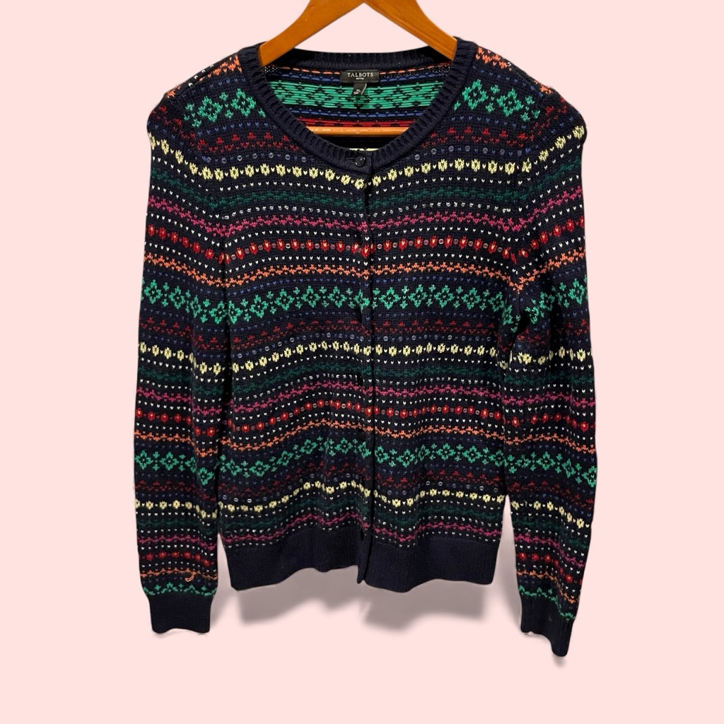 Cute Navy Rainbow Stripe Pearly Button Lambswool Blend Cardigan Sweater Talbots